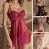 2 Pcs/Set Women Nightdress G-string Set Patchwork Mesh Lace Solid Color See-through Seductive Low Cut Spaghetti Strap