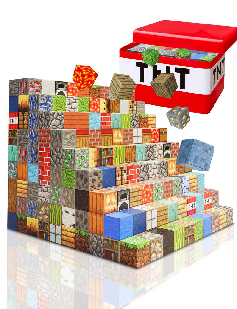 210-Piece Minecraft-Style Magnetic Building Blocks with 10 Minifigures and an Exquisite Storage Box, DIY Magnetic Building Blocks, Magnetic Toys for