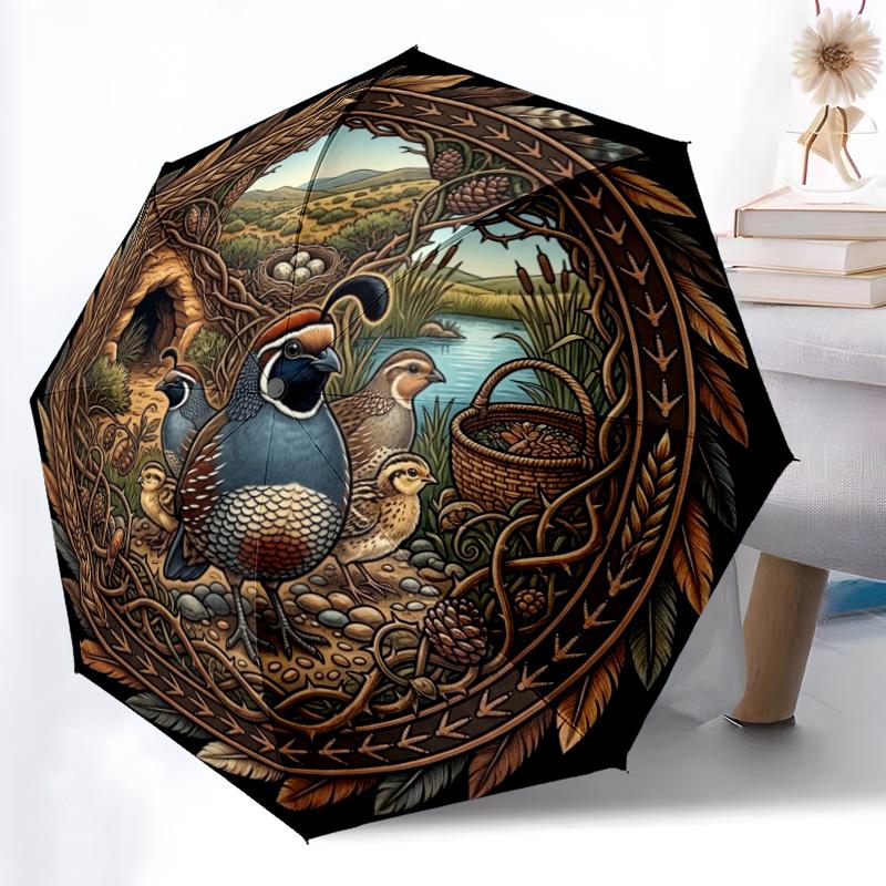 Quail Family Nature pattern umbrella, portable and foldable design, 8 ribs, a casual accessory for Halloween, Christmas, and birthday gifts.