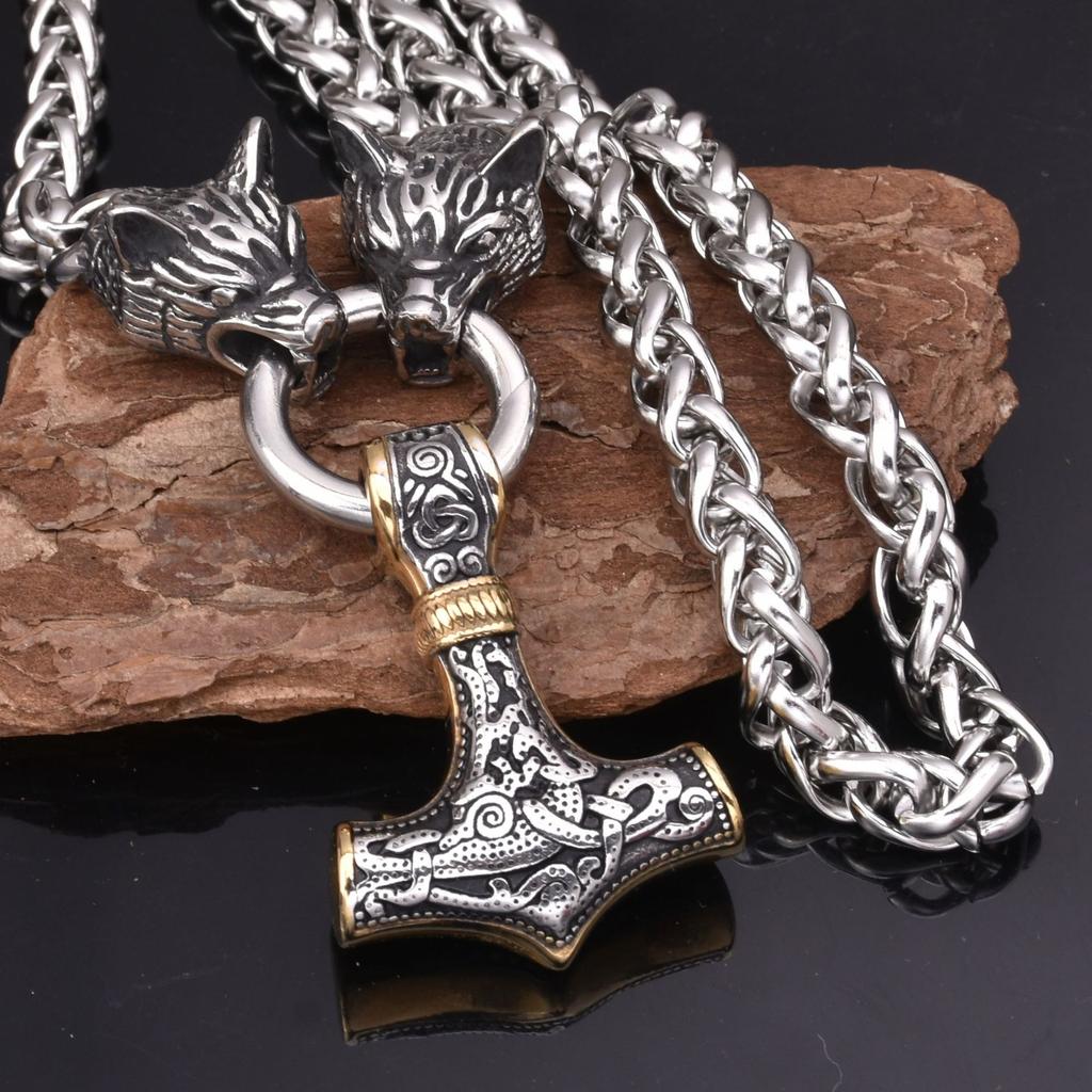 Men 'S Stainless Steel Necklace Viking Stainless Steel Wolf Head Thor 'S Hammer Pendant Necklace