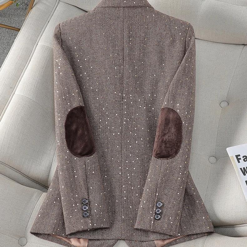 Autumn Retro Splice Plaid Sequins Blazers Coat For Women Brown Elegant Business Vintage Ladies Suit Jacket