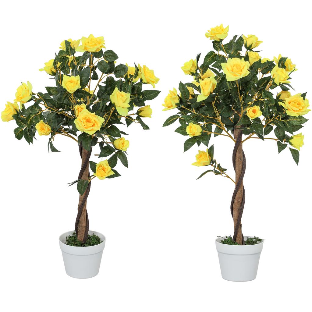 Set of 2 Artificial Plants White Rose Floral in Pot, Fake Plants for Home Indoor Decor, 90cm, Yellow