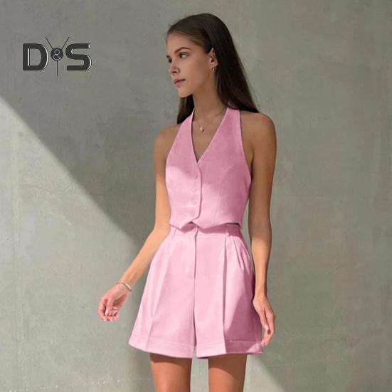 2 Pcs/Set Women Vest Shorts Suit Sleeveless Single-breasted Off Shoulder Halter Neck Button Solid Color Waistcoat High Waist Straight Knee Length
