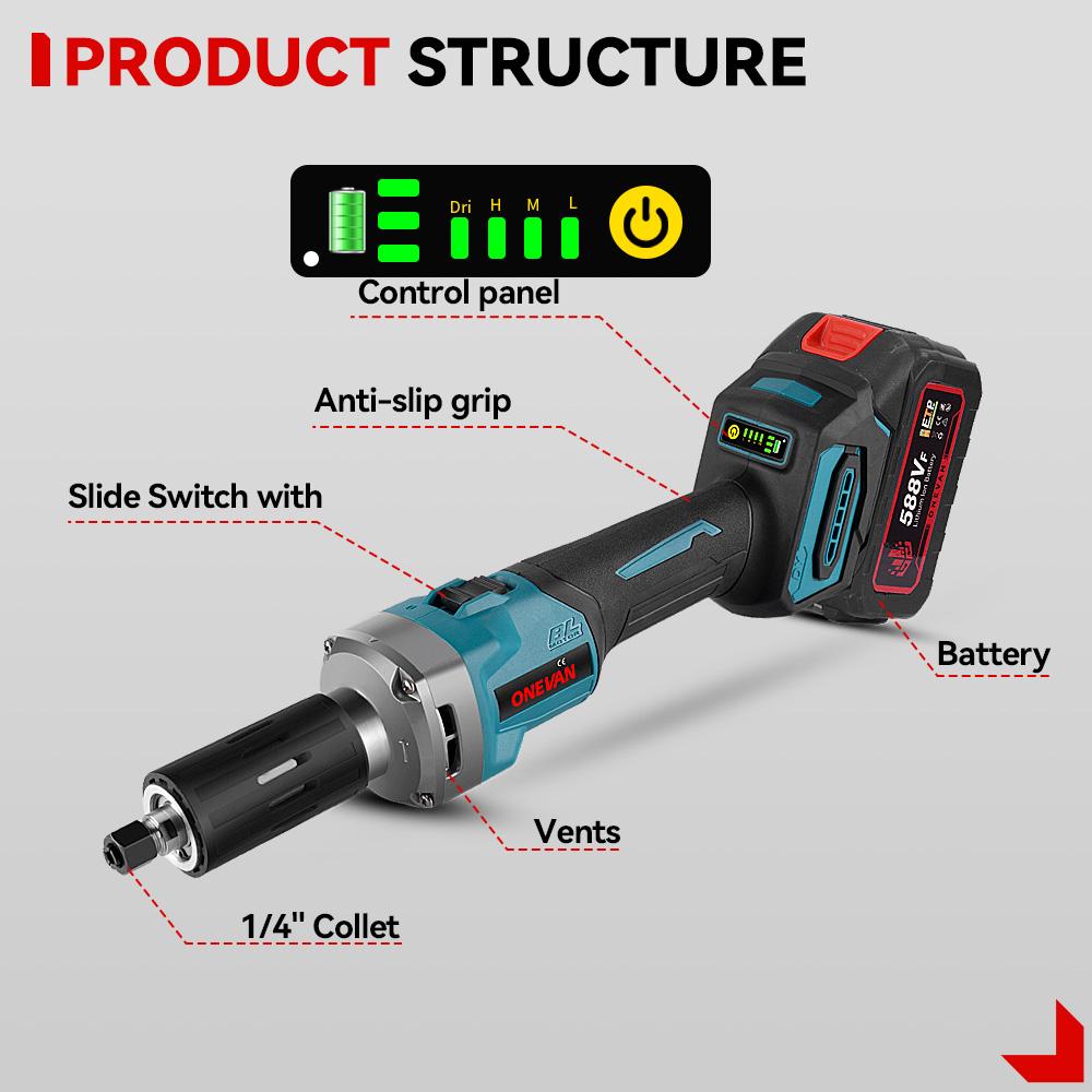 ONEVAN 2000W Brushless Electric Die Grinder 35000RPM 6mm Cordless 4 Gears Variable Grinding Rotary Tools For Makita 18v Battery