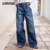 Women's Spring New Mid-waist Wide-leg Drawstring Loose Jeans Street Retro Straight Trousers