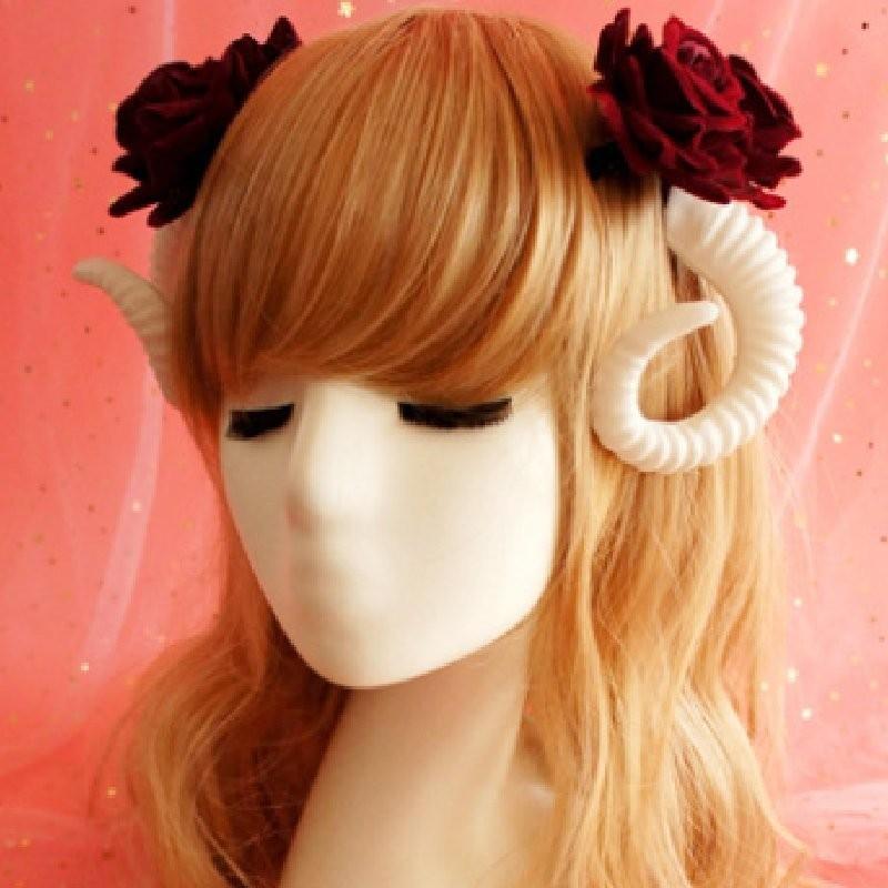 Chic Sheep Horn Hair Clips With Gorgeous White And Black Rose Accents For Fashion Lovers