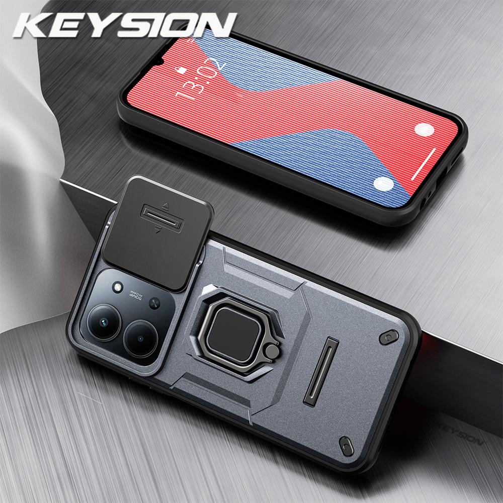 KEYSION Ударопрочный бронированный чехол для Redmi 15C 171мм 173мм Защита выдвижной крышки камеры Металлическое кольцо-подставка Задняя крышка телефона для POCO C85