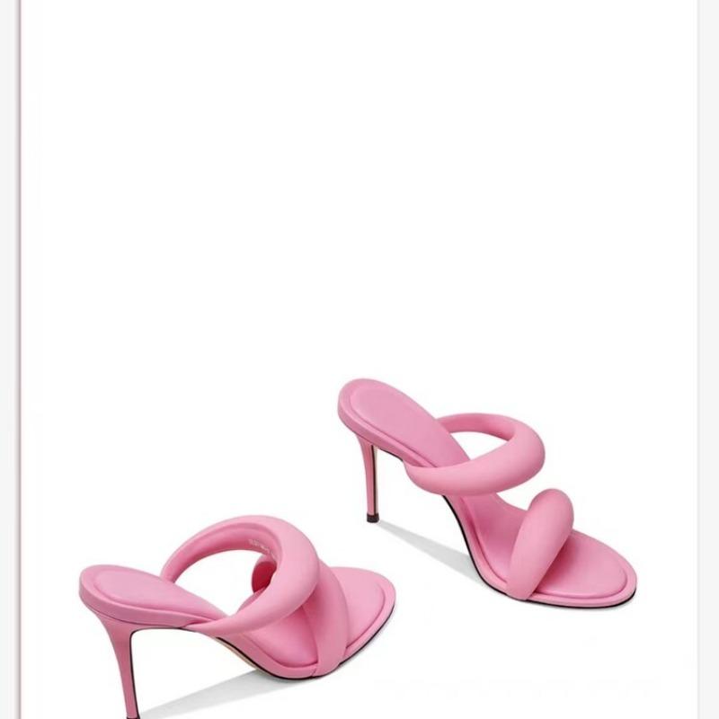 Дизайн модного бренда Простые однотонные женские тапочки 2024 Лето Новые Высокий каблук Черный Золотой Круглый носок Женские сандалии Размер 34-46