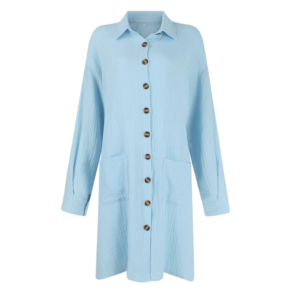 Новое женское модное повседневное однотонное свободное платье средней длины с длинным рукавом на пуговицах