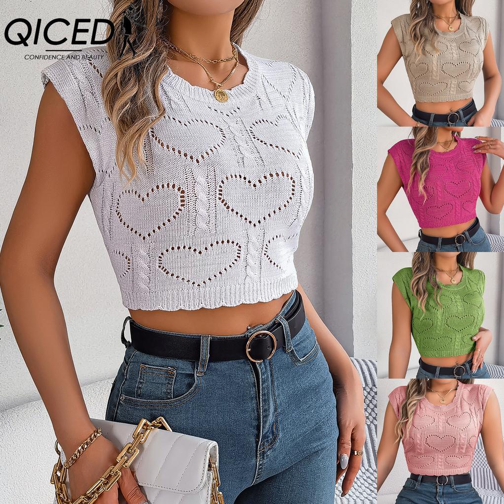 QICED Spring Summer Heart-shaped Hollowed-out Crop Top for Women's Vacation