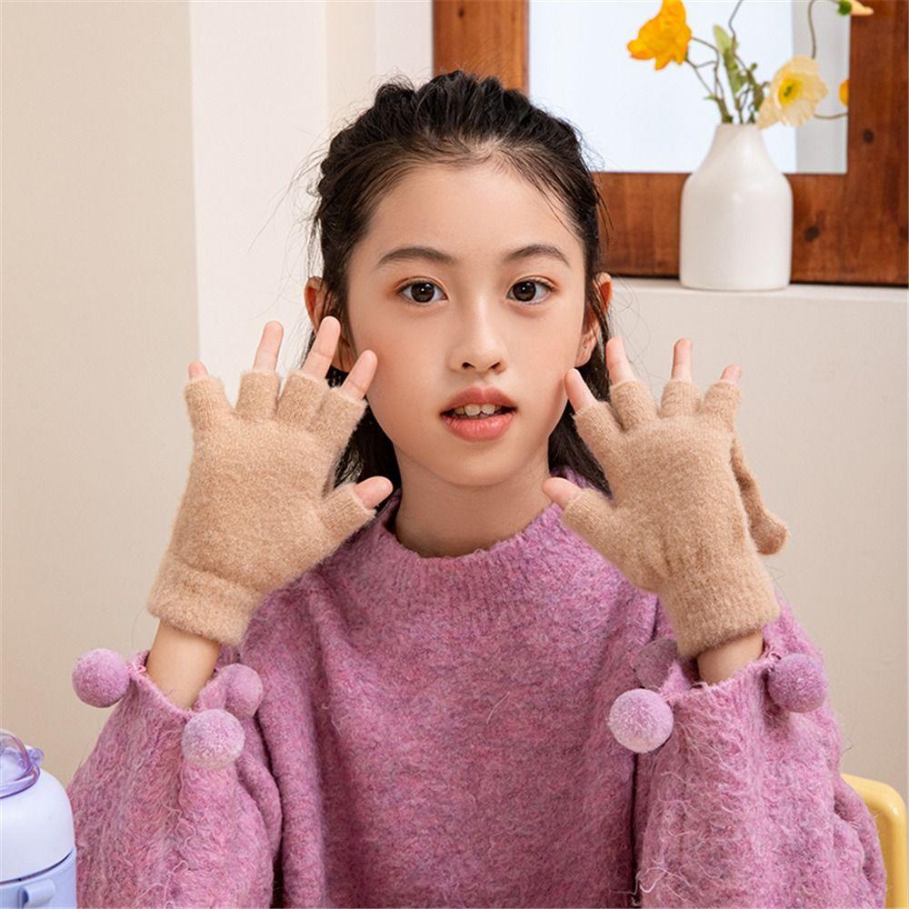 Half Finger Flip Cover Student Mittens Thick Plush Riding/Writing Gloves Knit Gloves 3-12Years