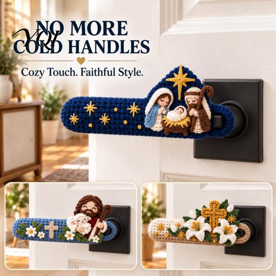 Festive Holiday Room Decor Christmas Door Handle Cover, Knitted Lever Handles Cute Santa Gingerbread Static Free Covers Man Penguin, Sleeve