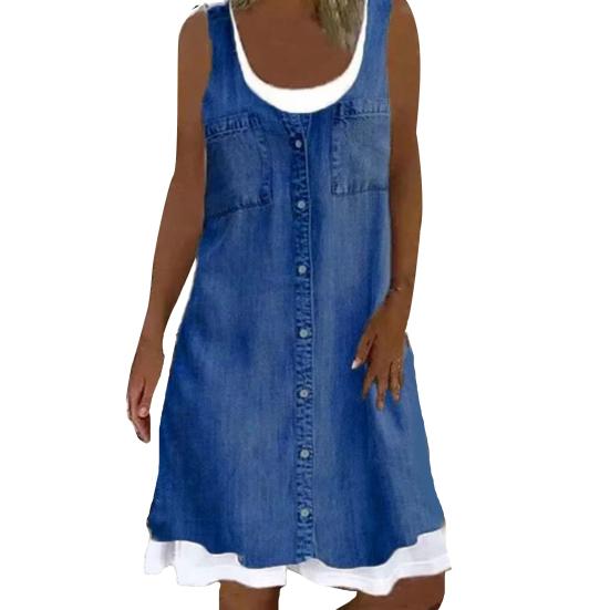 Женское платье без рукавов из двух частей, летнее повседневное платье с круглым вырезом, джинсовый принт, свободное мини-платье А-силуэта