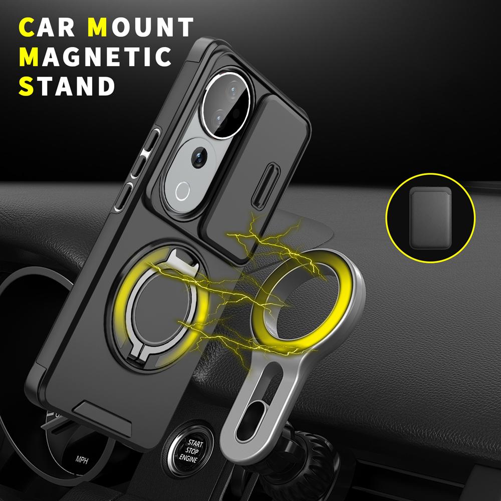 KEYSION 360°Rotating Ring Stand Phone Case for VIVO V40 Pro 5G Slide Camera Protection Magnetic Shockproof Cover for VIVO V40 5G