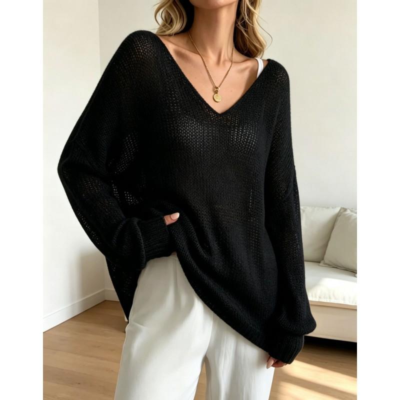 Womens Knit Sweater Fall Lazy Sheer Thin V-Neck Flared Sleeve Pullover Top