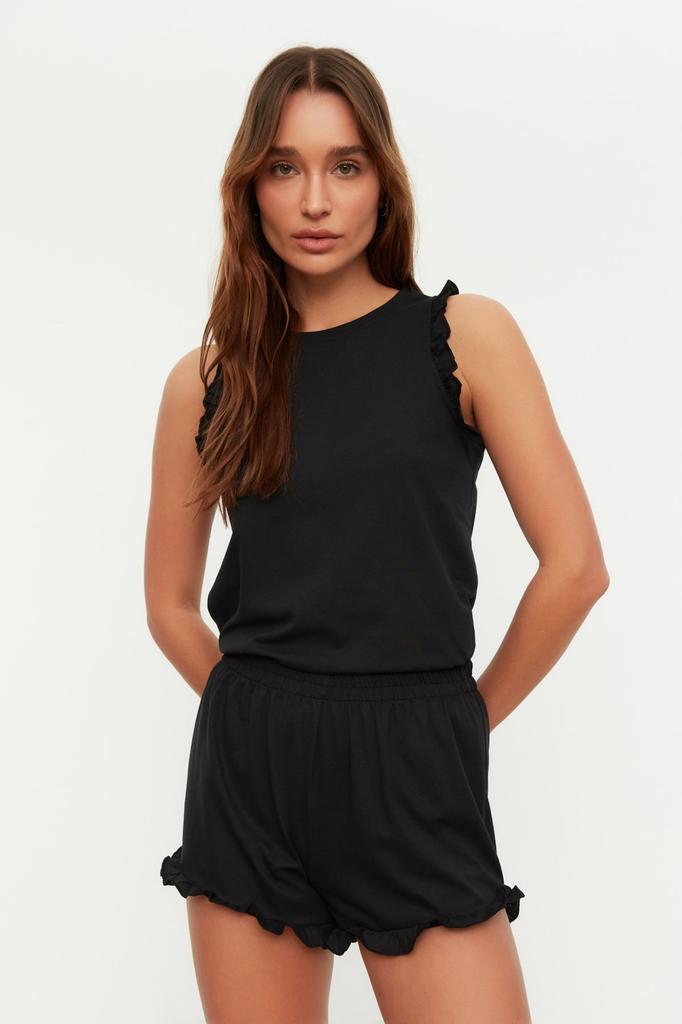 Women's Fashion New Pajama Set Emerald Green 100% Cotton Ruffle Detailed Tank Top-Shorts Knitted Pajama Set