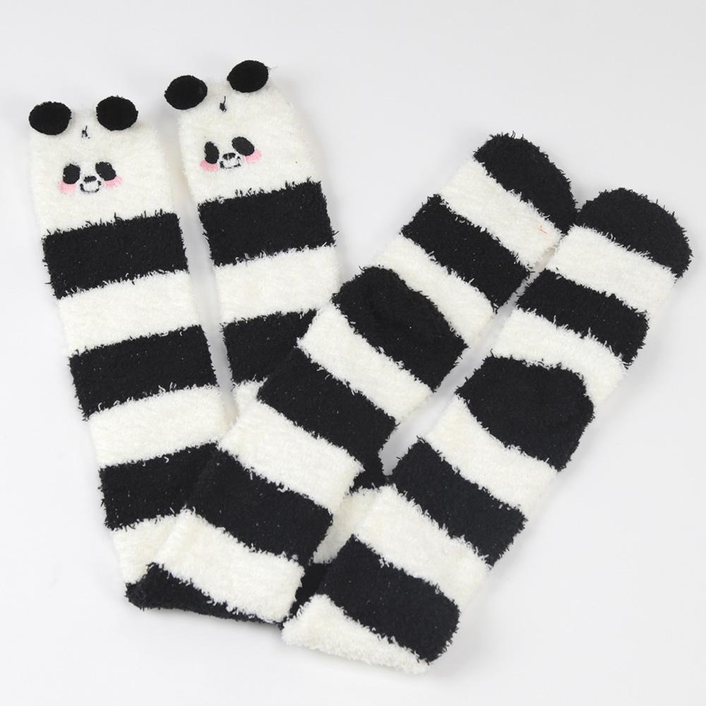 Soft Coral Fleece Sweet Knee Socks Winter Warm Girl Women Cute Cartoon Animal Stockings Striped Cozy Thigh High Christmas Gift