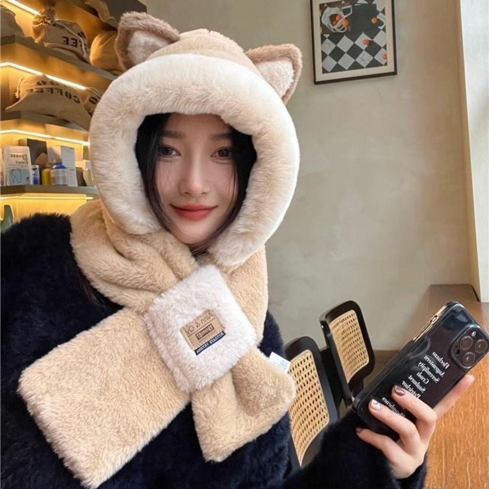 Plush Hat Ear Protection Hat Cartoon Hat Hooded Scarf Kawaii Cat Ears Hat Female/Girls