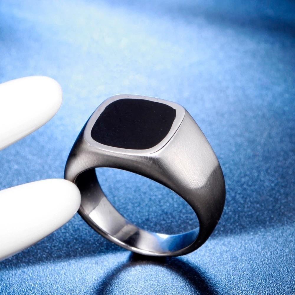 Silver Black Black Stone Square Ring Jewelry Glass Stone Rings Retro Black Rings Men