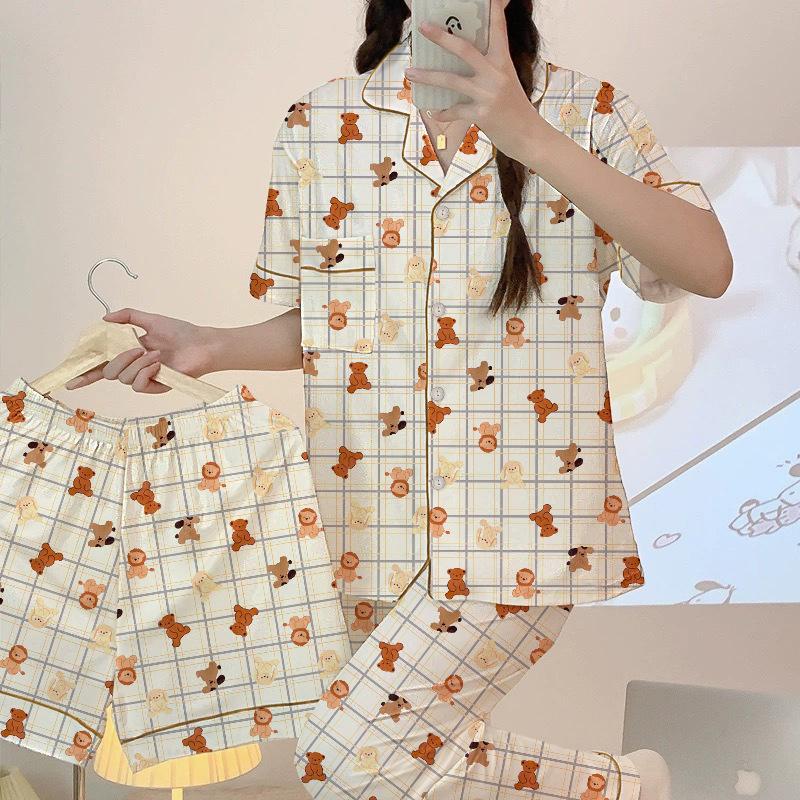 Женский костюм-тройка с короткими рукавами на весну и лето, домашняя одежда для сна, пижама для девочек-студенток с героями мультфильмов, домашняя одежда