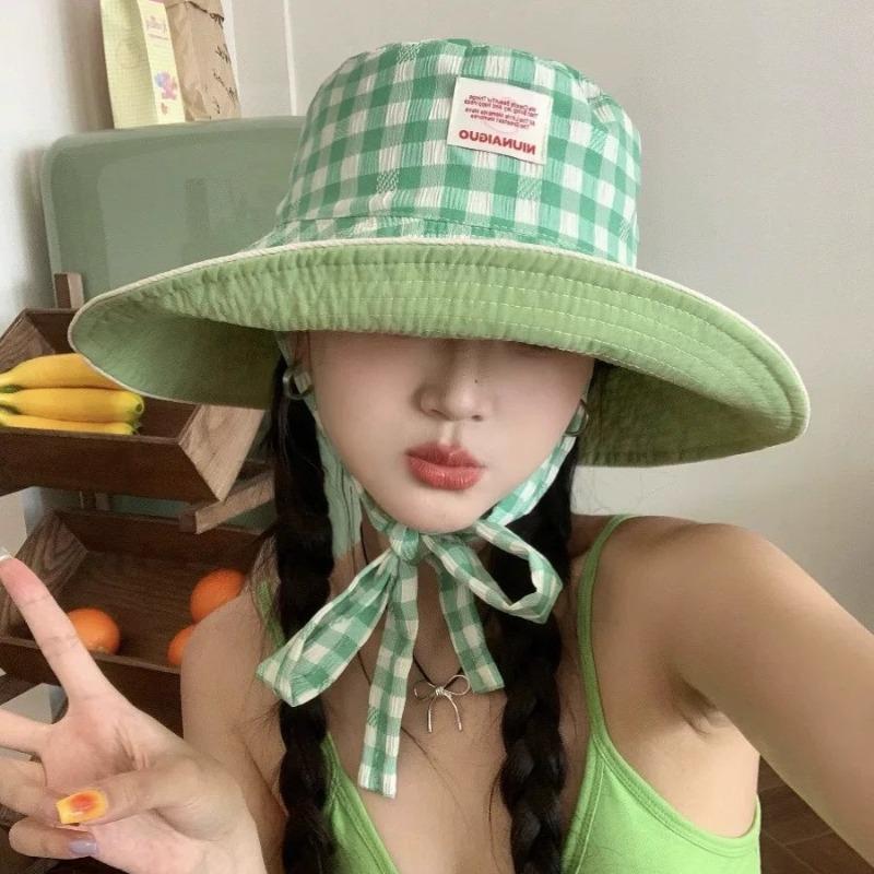 Dopamine Bucket Hat Women's High Sense Summer New Hat Plaid Visor Big Brim Sun Protection Hat