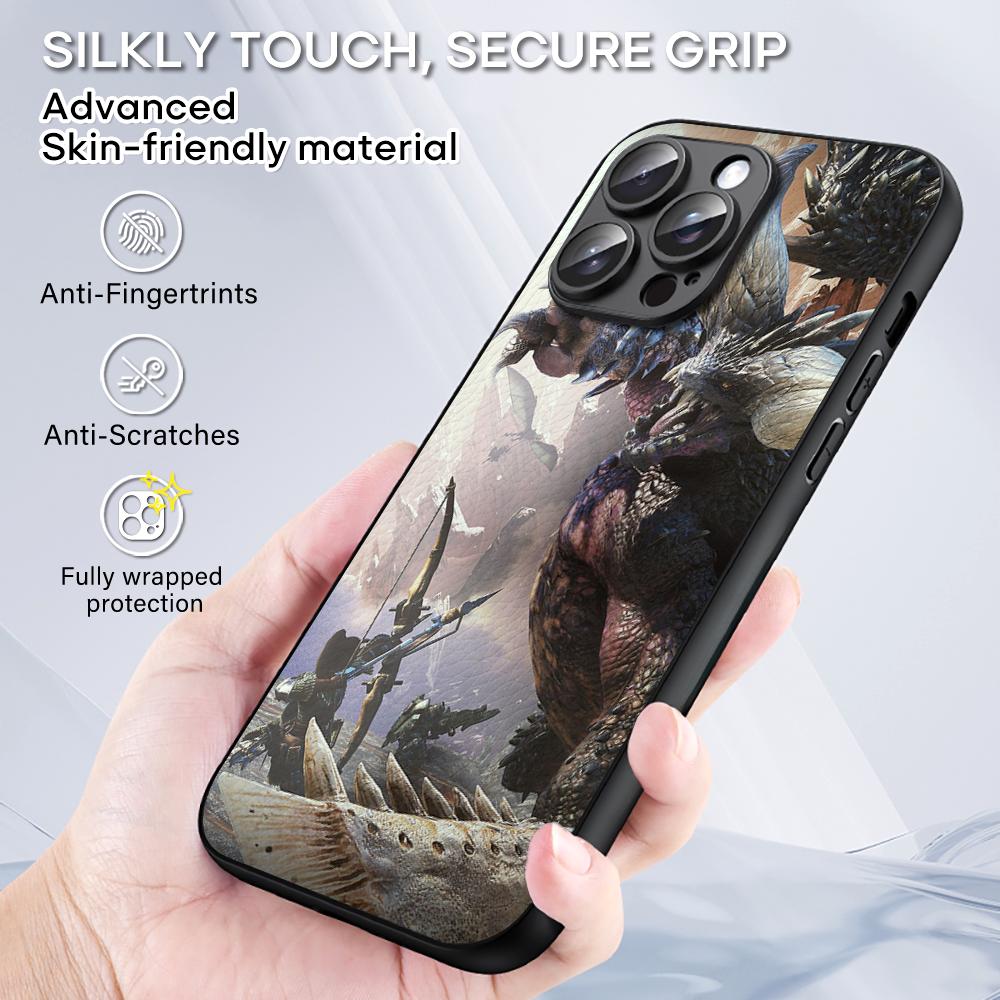 Крутой дизайн логотипа Monster Hunter ins Чехол для телефона Для iPhone 16 15 14 13 12 11 Plus Pro Max Ограниченный Черный жесткий чехол Овчина