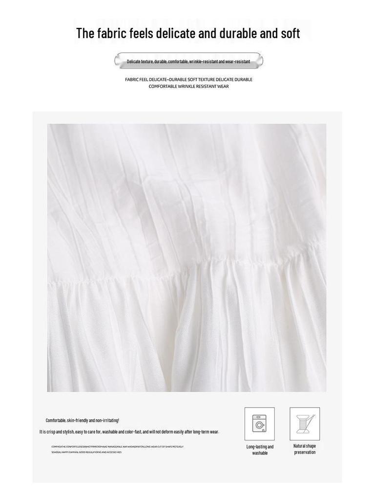 White A-line High Waist Pleated Long Skirt for Women - Spring/Summer 2026 Slimming Petite Layered Umbrella Design