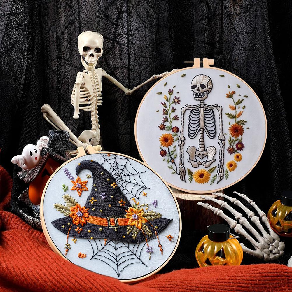 Halloween Gothic Embroidery Starter Kit Material Package Bat Skull Hat Bowl Cross Stitch Kit Beginners Embroidery Lovers Gift