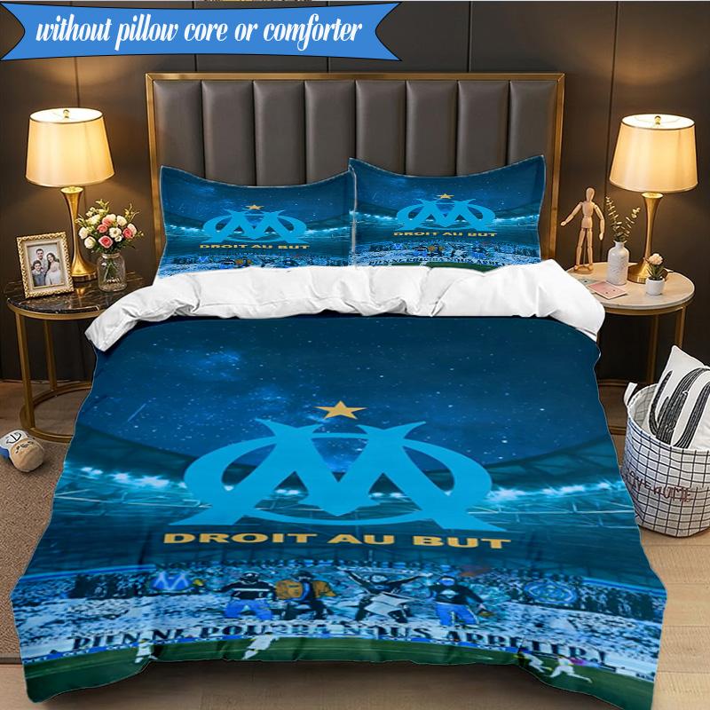 3PCS Olympique Football Crest Printed Soft Bedding Set,Including 1pc Duvet Cover And 2pcs Pillowcases Perfect for Bedroom, Dormitory, Fan gift