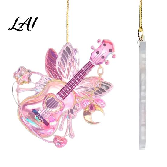 Decorative Guitar for Trees Pink Butterfly Ornament Acrylic Music Hanging Decor with Rose Holiday Tree Charms And Quote Christmas Pendant,