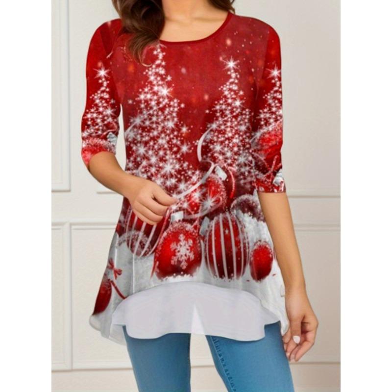 Женская мода повседневная весна осень рождественская принт длинный рукав блузки и рубашки с круглым вырезом