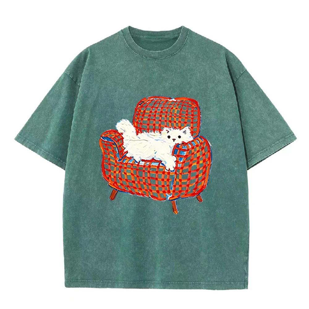 2026 Vintage Oil Painting White Fluffy Cat On Plaid Sofa Graphic Black Acid Washed T Shirt Cute Pet Casual Oversized Unisex Shor