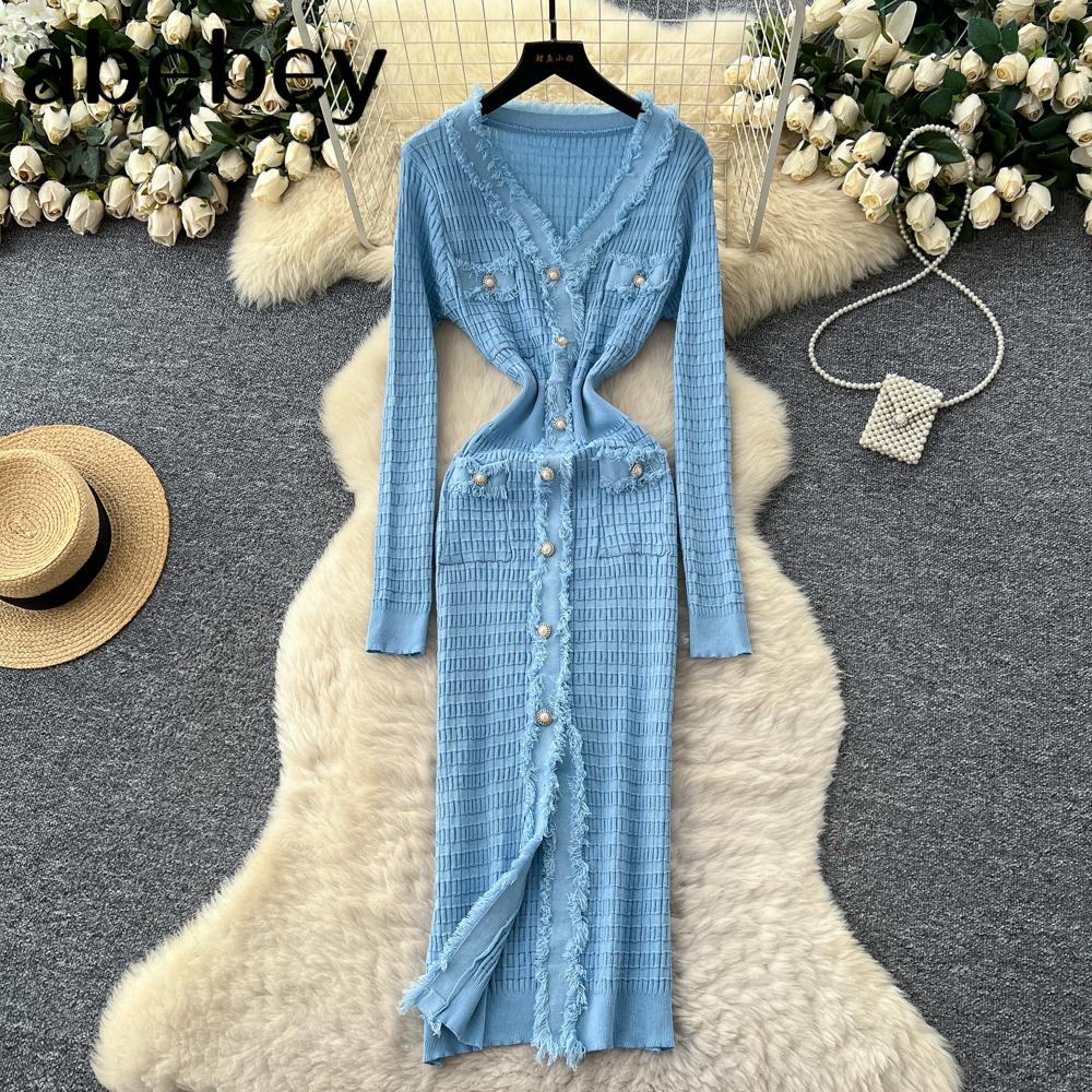 Новые женские платья Осень Зима Винтажное лоскутное вязаное миди-платье Элегантное платье-рубашка-свитер с V-образным вырезом и оборками