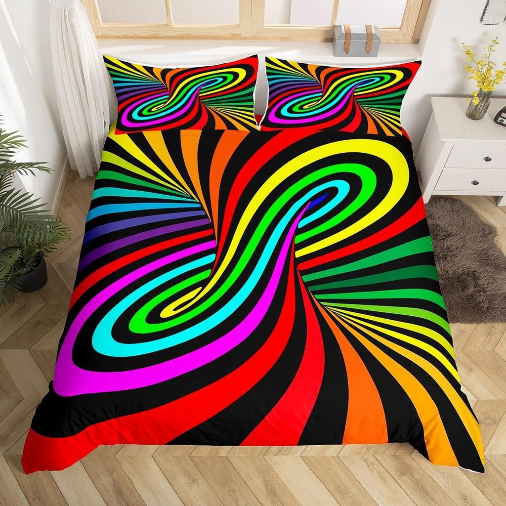 3D Visual Abstract Bedding Set Optical Illusion Duvet Cover Rainbow Striped Down Duvet Cover King Queen Single and Double Size Teen Gift