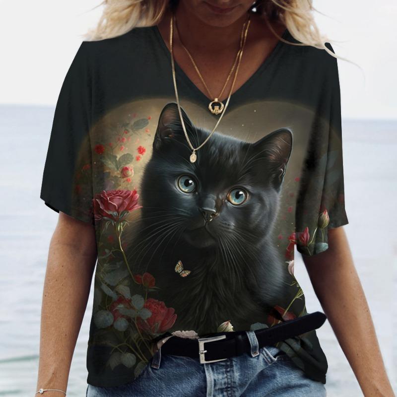 Женская футболка Kawaii Cat Print 3D футболка Топ для девочек Y2k Одежда Летние футболки с короткими рукавами с v-образным вырезом Повседневная праздничная женская футболка
