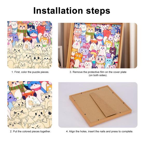 Yousheng  Wooden Cat Coloring Puzzle Kit with Marker Pens Glue DIY Hand-Painted 3D Irregular Cartoon Kitten Puzzle Photo Frame Decoration Ornament