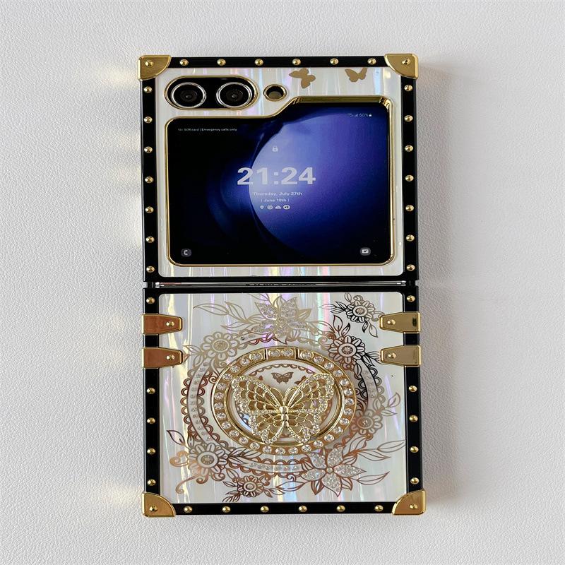 New Japanese and Korean Models Suitable for ZFLIP6 Samsung Laser Phone Case Aurora Butterfly Stand Rhinestone Flip5 Folding Shell