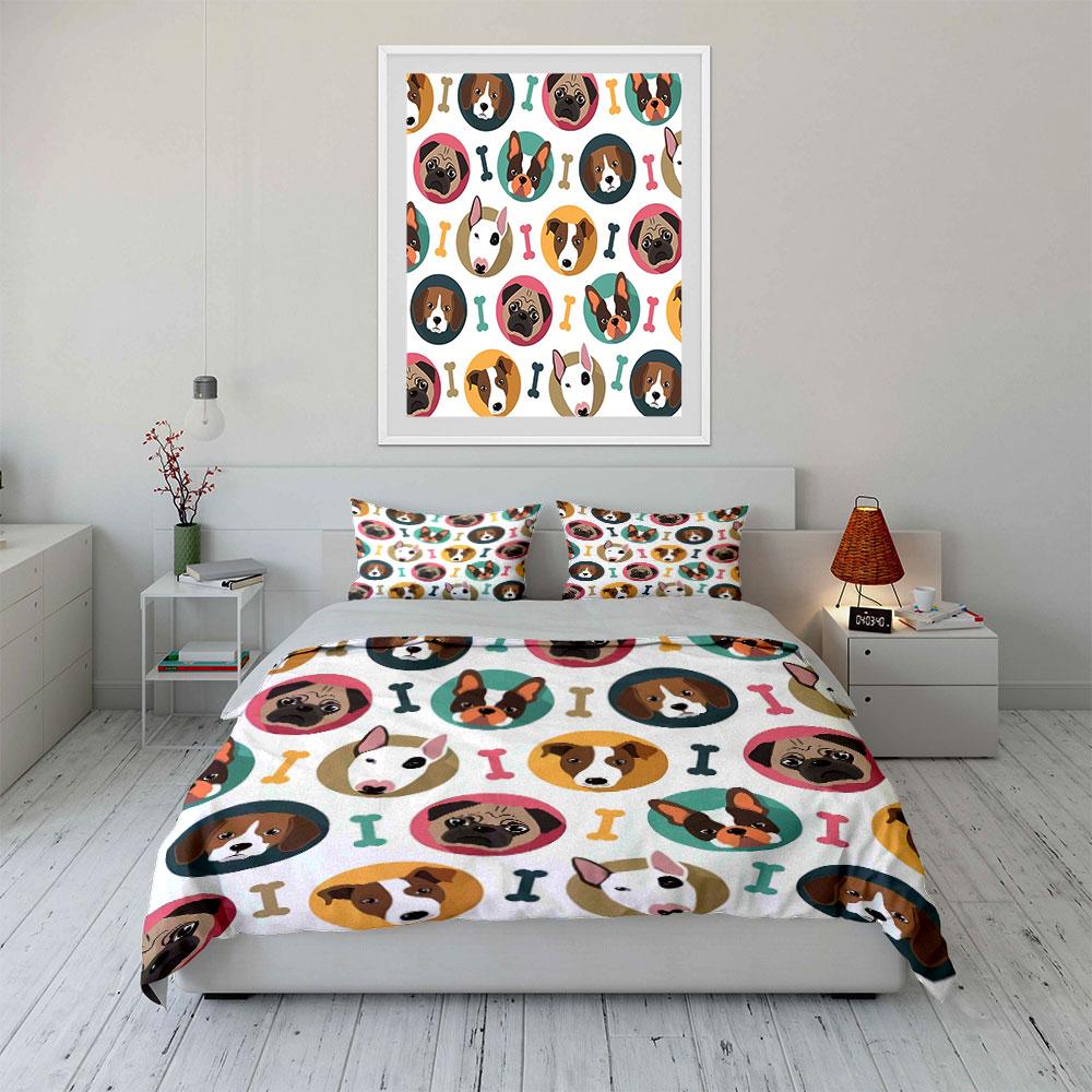 Cute Cartoon Dog and Bone Print Bedding Duvet Cover Set Duvet Cover Pillowcases (1*Duvet Cover 2*Pillowcases, without duvet insert)