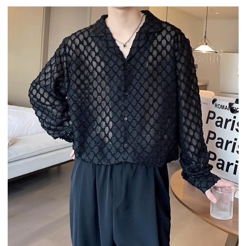 Early autumn niche design hollow long-sleeved shirt men's Korean version of ruffian handsome drape shirt