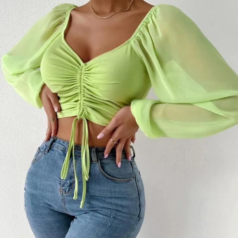 Summer New V-neck Chiffon Drawstring Lantern Sleeve Tight Fashion Sexy Shirt Top