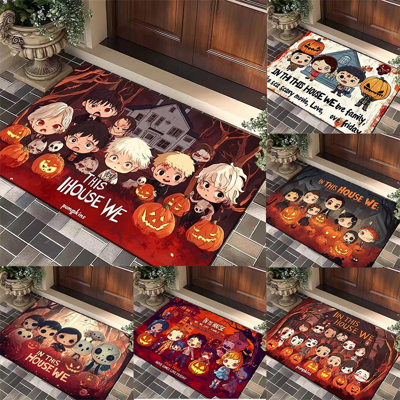 Halloween Cartoon Characters Door Mat, Pumpkin Haunted House Pattern, Soft Non - Slip Rug for Entryway Home Decor