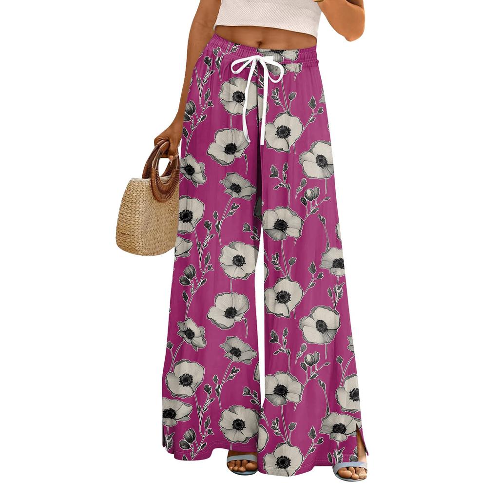 Women's Loose Casual Floral Print Wide Leg Pants With Elastic Waist Drawstring And Pocket Pants