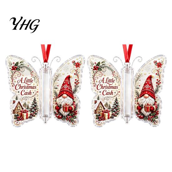 Festive Tree Hanging Decor Butterfly Cash Gift Ornament, Christmas Money Holder with Gifts for Family Friends Print, Acrylic Pendant Surprise Giving,