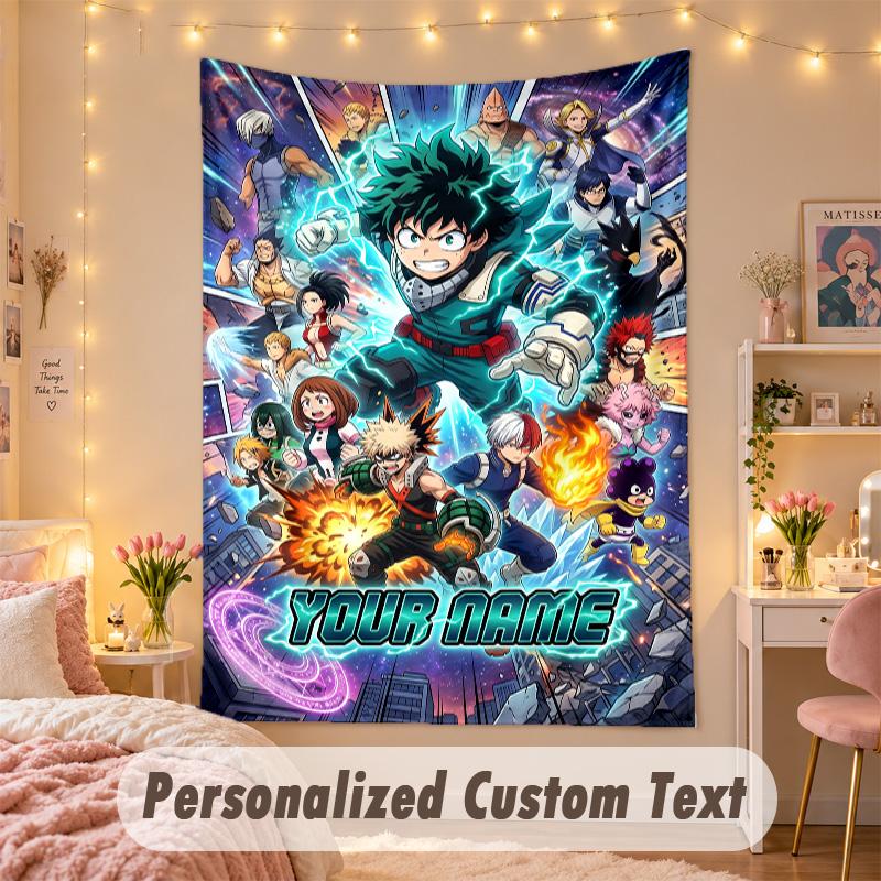 Custom Personalized Tapestry,My Hero Academia Print Custom Name Text Wall Art Hanging for Bedroom