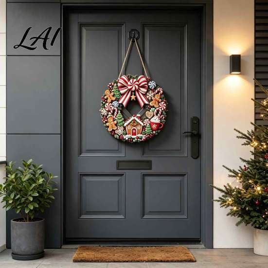 Xmas Party Hanging Ornament Gingerbread Man Wreath Wooden Sign for Front Door Retro Christmas Plaque with Vintage Style Candy Cane Garland