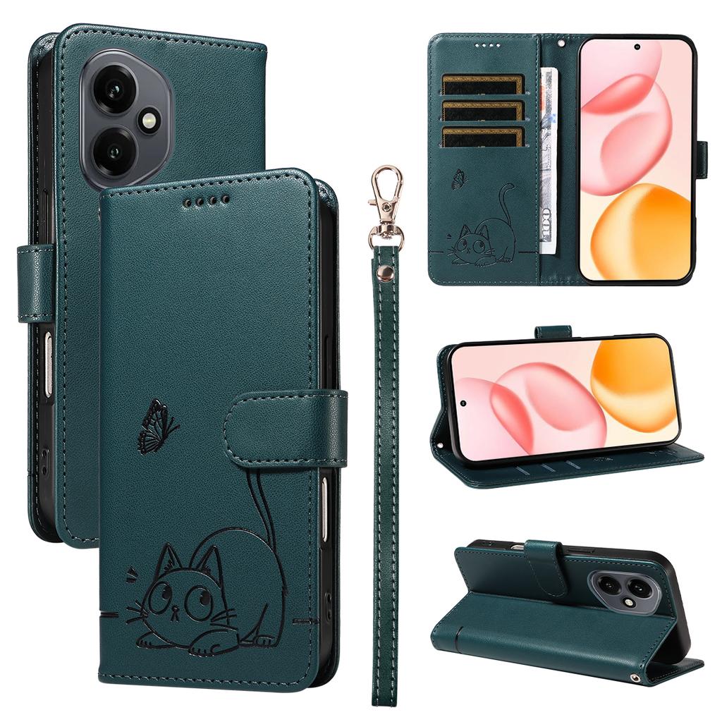 Для Honor 400 5G (Глобальный) Чехол Кошачий узор Тиснение Кожаный Чехол для телефона с ремешком на запястье