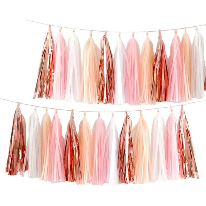 Tissue Tassel Garland and Paper Tassel Banner for Baby Girl Shower Decorations,Pink, White,Peach,Rose Gold,20 Pcs