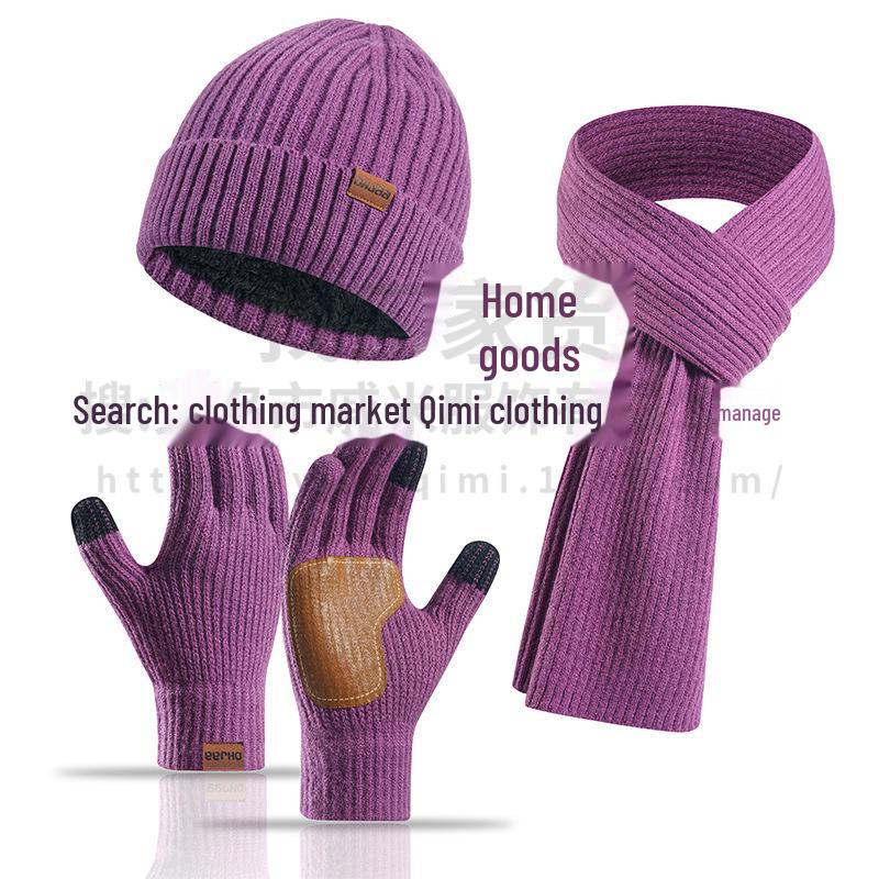 Зимний комплект из трех предметов: шерстяная шапка, шарф и кожаные перчатки в европейском и американском стиле для женщин — нескользящий