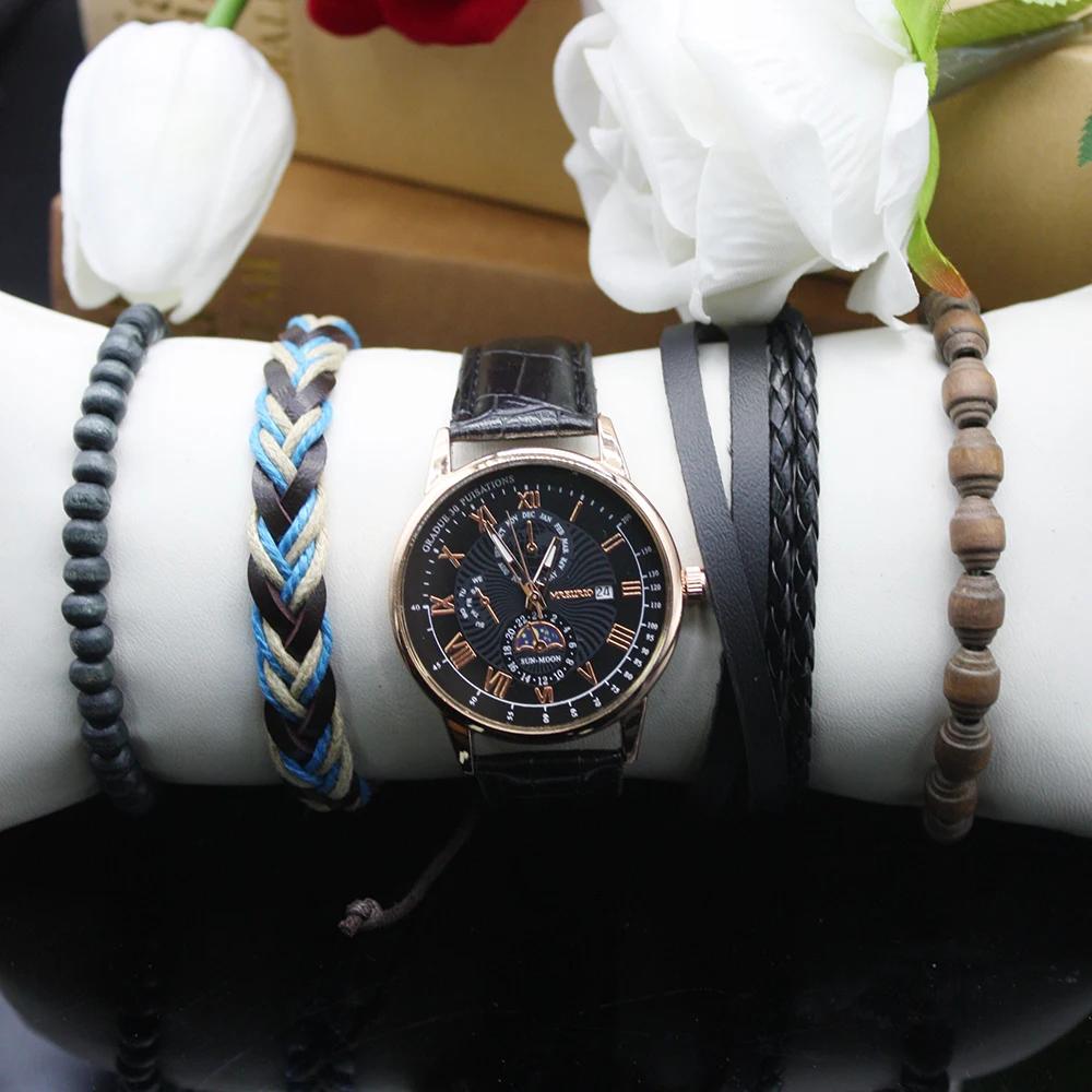 Набор из 5 предметов, роскошные мужские часы, элегантные, с двойным календарем, водонепроницаемые, с браслетом в коробке, спортивные мужские часы для движения