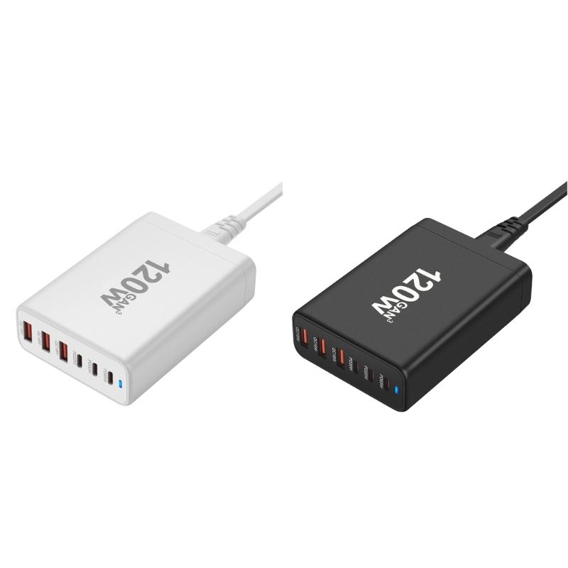 Портативная зарядная станция USB мощностью 120 Вт с 6 портами, 3 Type C PD и 3 USB A для одновременной зарядки телефонов, планшетов и других устройств